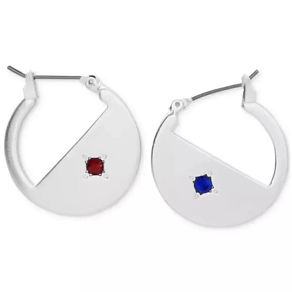 NWT Lucky Brand Silver Red & Blue Pavé Sliced Hoop Earrings #LBER2 - Picture 1 of 7